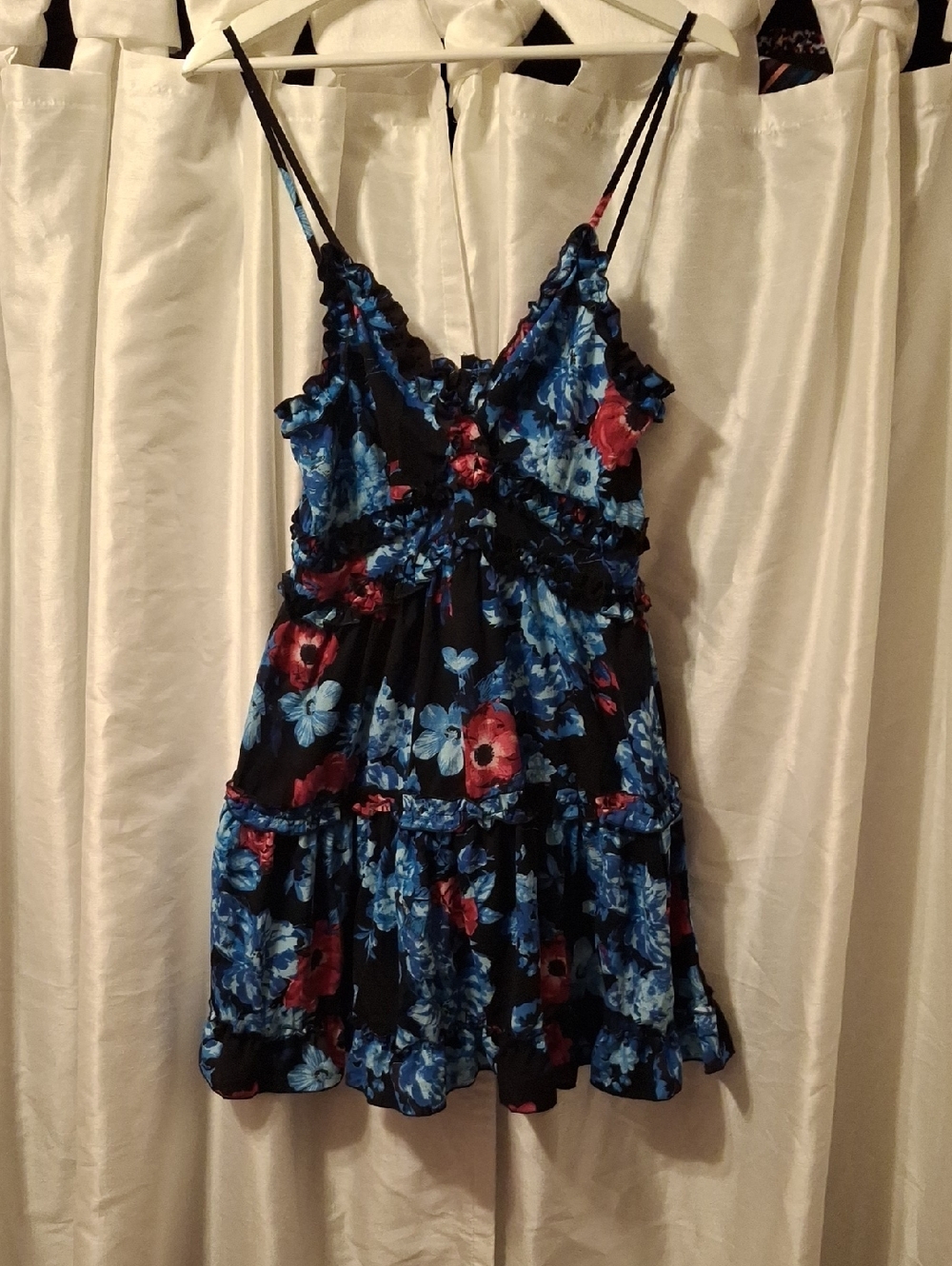 iris Blue and Black Floral Spaghetti Strap Dress